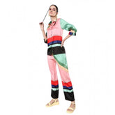 Multicolor satin women's long sleeve co-ord set, color block pattern with shirt collar neck and button closure