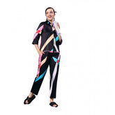 Multicolor satin colour block women's long sleeve co-ord set with shirt collar neck and pant bottom
