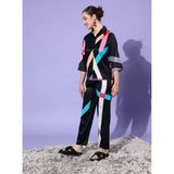 Women's Satin Colour Block Long Sleeves Co-Ord Set (Multicolor)