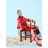 Women's Satin Colour Block Long Sleeves Co-Ord Set (Multicolor)