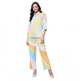 Multicolor polyester women's co-ord set with 3/4th sleeves, featuring color blocking design
