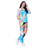 Multicolor polyester women's co-ord set, colour blocking design with shirt collar neck, 3/4th sleeves, slip-on and button closure, full length pants