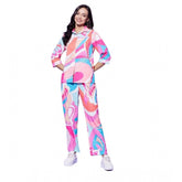 Multicolor polyester printed women's co-ord set, 3/4th sleeve length, slip-on and button closure