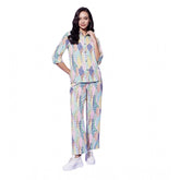 Multicolor polyester floral 3/4th sleeve women's co-ord set with slip-on, button pant bottoms
