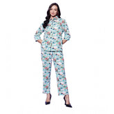 Women's multicolor polyester floral 3/4th sleeve co-ord set with slip-on and button closure, featuring a shirt collar neck and full length pants style
