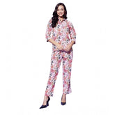 Multicolor polyester floral women's co-ord set: 3/4th sleeve shirt with slip-on and button pant