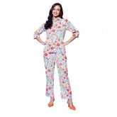 Women's multicolor floral polyester 3/4th sleeve co-ord set with slip-on and button closure, full length pants on display rack