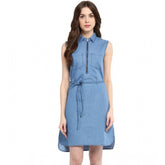 Blue denim women's sleeveless dress with shirt collar neck and zip closure