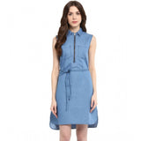 Women's Denim Solid Sleeveless Dress (Blue)