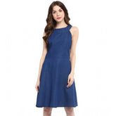 Blue denim women's sleeveless dress, solid pattern, knee-length, round neck, button closure