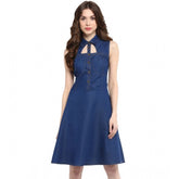 Navy blue denim sleeveless dress with shirt collar neck, knee length, button closure