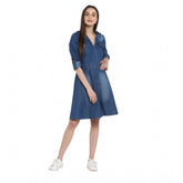 Blue denim roll-up sleeve dress with shirt collar neck and button closure for women's casual wear