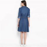 Women's Denim Solid Roll Up Sleeve Dress (Blue)