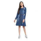 Blue denim washed regular sleeves dress with round neck and button closure, suitable for women's casual wear
