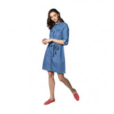 Blue denim solid roll-up sleeve dress with shirt collar neck, knee length, button closure