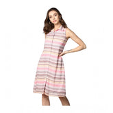 Pink striped polyester women's sleeveless knee-length dress with shirt collar neck and button closure