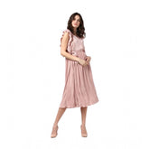 Champagne gold polyester pleated flutter dress for women on display