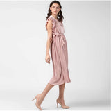 Women's Polyester Pleated Flutter Dress (Champagne Gold)