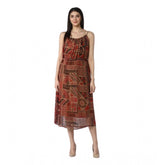 Maroon-brown polyester printed shoulder straps dress with round neck and calf length