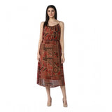 Maroon-brown polyester printed shoulder straps dress with round neck and calf length