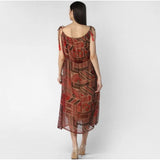 Maroon-Brown polyester printed shoulder straps dress for women, vibrant pattern and round neck style