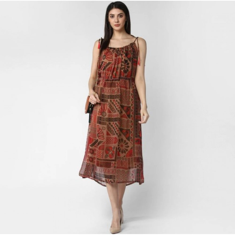 Maroon-Brown polyester printed shoulder straps dress for women, round neck, calf length