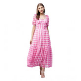 Pink polyester georgette checkered half-sleeve dress with a sweatheart neckline on a mannequin