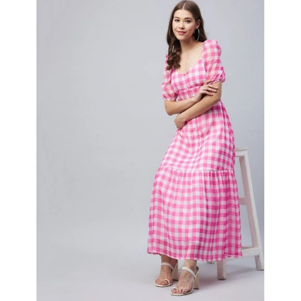 Pink polyester georgette checkered half-sleeve dress, sweatheart neckline on full-length figure silhouette
