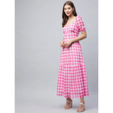 Pink polyester Georgette checkered half-sleeve dress with a sweetheart neckline on a model