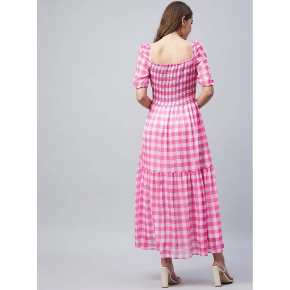 Pink polyester georgette checkered half sleeve dress with sweatheart neck, ideal for casual events