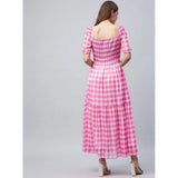 Pink polyester georgette checkered half sleeve dress with sweatheart neck, ideal for casual events