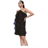 Black organza tiered sleeveless one-shoulder dress for women, perfect for formal occasions