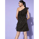 Black organza tiered sleeveless one-shoulder dress for women