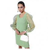 Green polyester lycra long sleeves organza dress with round neck and zip closure