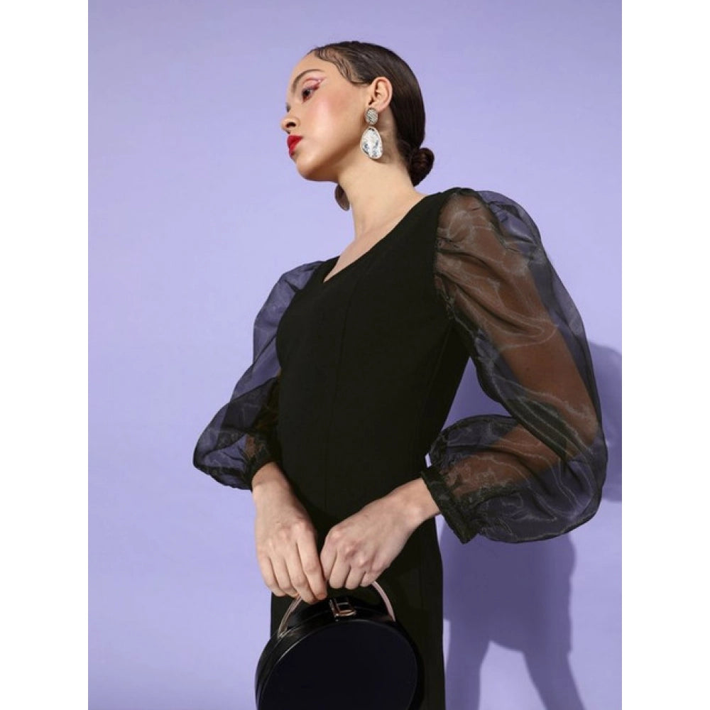 Black polyester lycra women's long sleeve organza dress with round neck, solid pattern