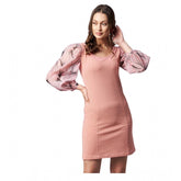 Pink polyester balloon sleeve floral dress, round neck, women's wear