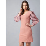 Pink polyester balloon sleeve floral dress for women, round neck, above knee length