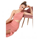 Pink polyester lycra one-shoulder sleeveless women's dress with ankle length, solid design