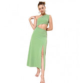 Green polyester lycra one-shoulder sleeveless dress for women