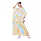 Multicolor satin kaftan dress with color blocking pattern for women's fashion, round neck and full length design