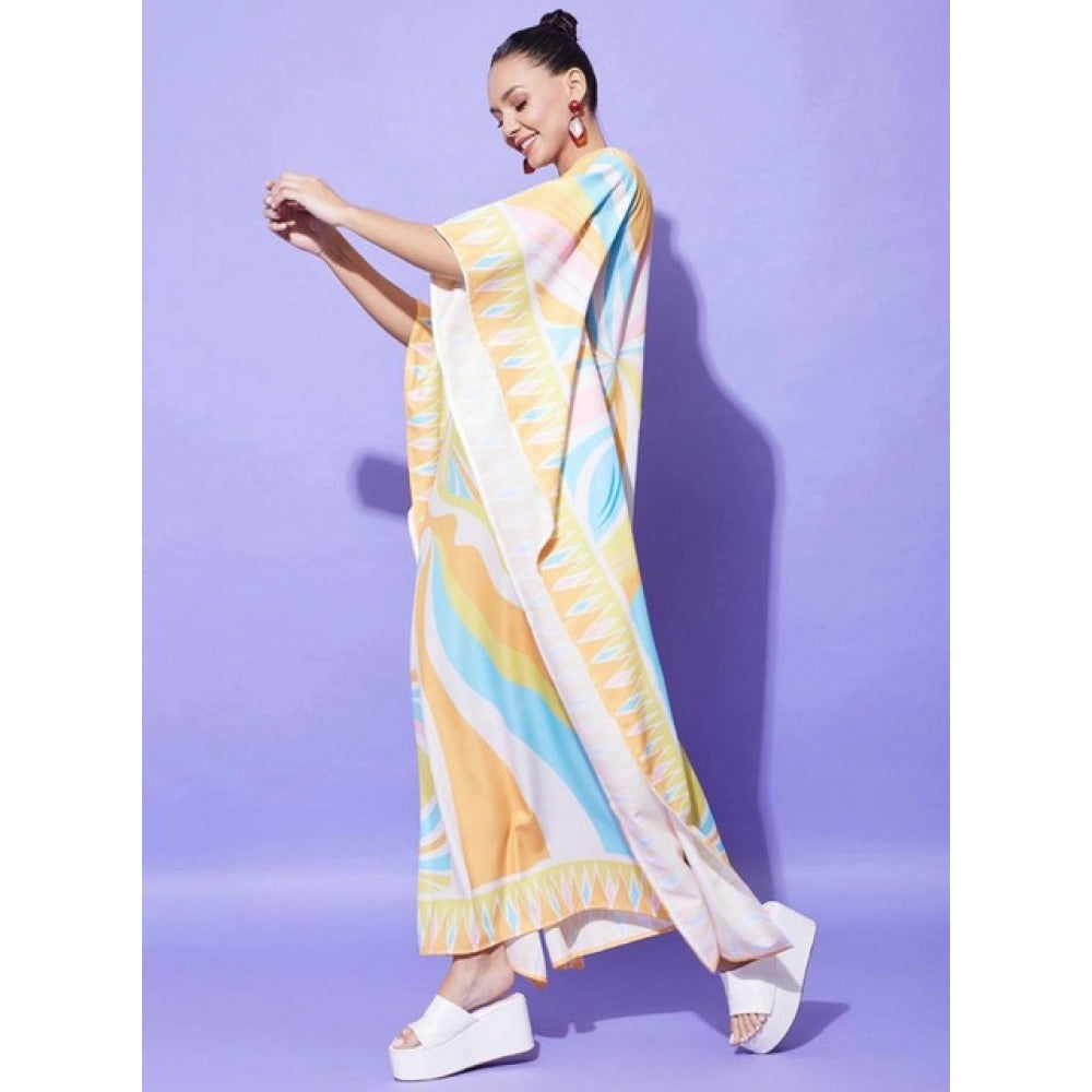 Multicolor satin kaftan dress with color blocking, round neck, full length for women