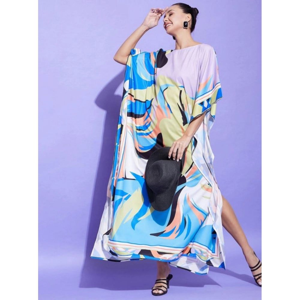 Multicolor satin kaftan dress with color blocking design, round neck, and full length