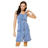 Blue denim sleeveless dress with sweatheart neckline, solid pattern on women's dress display