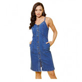 Blue denim washed shoulder straps dress with V-neck, above knee length, button closure