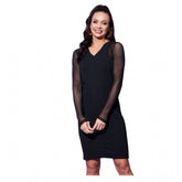 Black polyester & net women's long sleeve dress with V-neck, solid pattern
