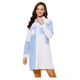 Blue denim women's long-sleeve dress with shirt collar neck and button closure
