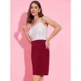 Women's white-maroon polyester lycra color blocking shoulder straps dress, vibrant color contrast on display