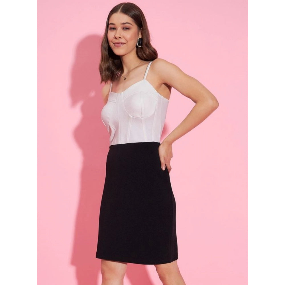 White-Black Polyester Lycra Color Blocking Shoulder Straps Dress, women's fashion dress with contrasting colors on display