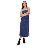Blue denim solid shoulder straps dress, women's calf-length style with solid pattern