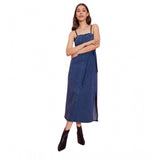 Blue denim solid shoulder straps dress, women's calf-length style with solid pattern